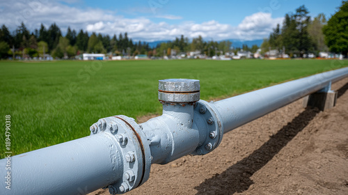 Wallpaper Mural Metal pipe with valve in green field. A metal pipe with a valve is in a large green field under a blue sky. Trees and buildings are in the background. Torontodigital.ca