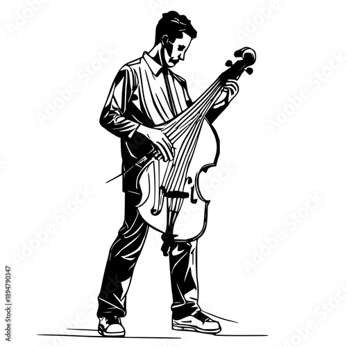 Continuous line illustration of a musician playing stand‑up bass in minimalist jazz style, single black stroke on white background