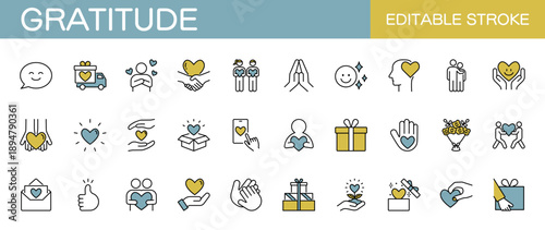 感謝に関するアイコンセット　ハートマークや贈り物・チャリティーなど（線幅変更可能・カラー）
