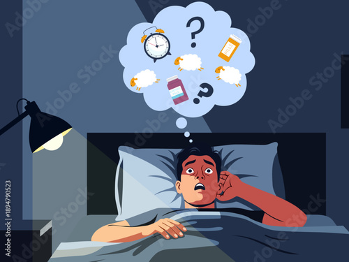 insomnia woman man bed sheep design sleep night theme illustration