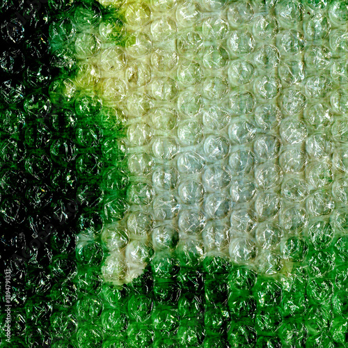 Experimental abstract artwork — bubble wrap texture, green watercolor in emerald and swamp tones. Layered mixed media composition with strong contrast for music album covers, vinyl sleeves, posters.