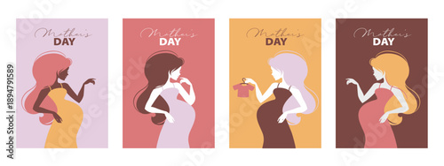 Beautiful pregnant woman silhouette banners set. Pregnancy journal cover design. Motherhood posters. Mother's day cards. Vector illustration