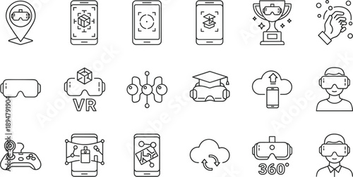 Virtual reality and metaverse technology icon set featuring VR devices apps gaming education cloud immersive digital experiences outline vector