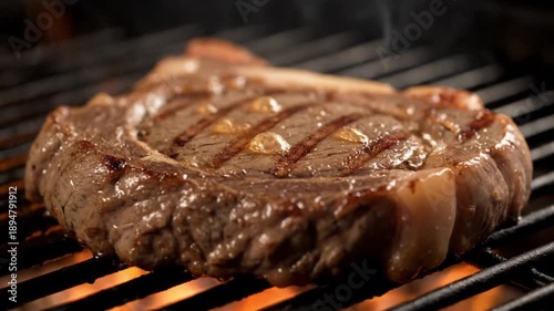 Delicious grilled steak on sizzling grill with savory grill marks