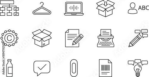 Business workflow and productivity icon set featuring organization documents packaging communication creativity symbols in clean outline vector style