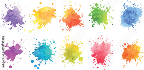 Collection of abstract watercolor paint splatters on a white background. A vibrant collection of colorful paint splatters and ink splotches isolated on white background. 