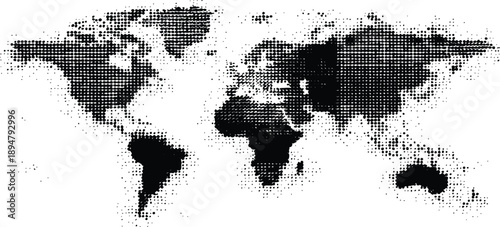 Vector world map illustration in black and white dot pattern on a white background. Abstract world map illustration featuring a halftone dot pattern on a white background. 