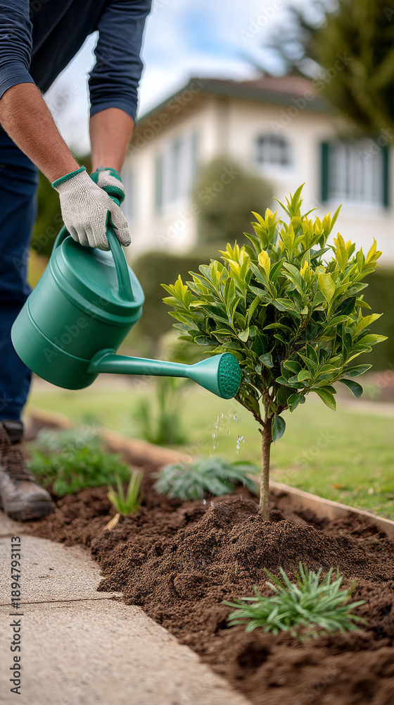 Fototapeta premium Watering a young plant in the garden. A person waters a small plant in the garden using a green watering can. The sun is shining, and the area is well kept.