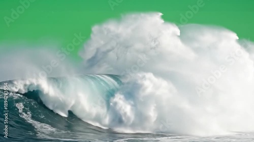 Wide Angle Ocean Wave Crashing Violently on Green Screen