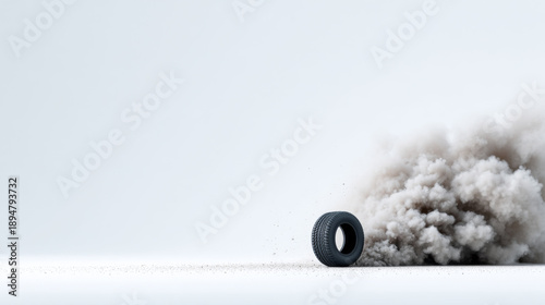 Tire rolls and kicks up dust on surface. A tire moves across a flat surface and creates dust clouds. The focus is on the tire's motion and dust being stirred up.