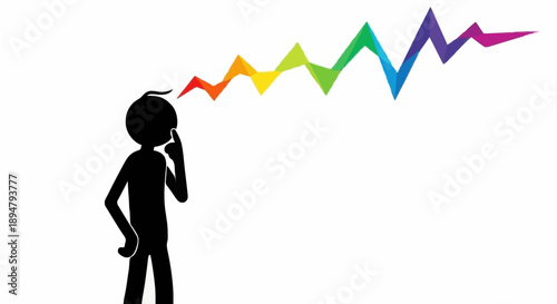 Silhouette man thinking with colorful ideas emanating from head.