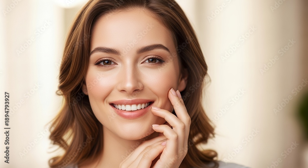 Fototapeta premium Smiling Young Woman with Clean Fresh Look in Indoor Light