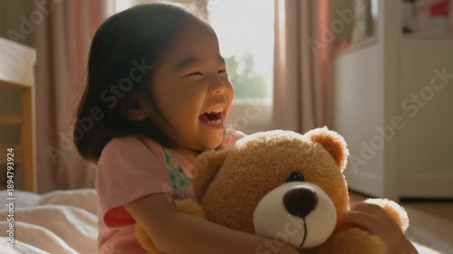 Child hugging teddy bear near window