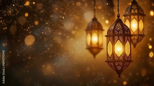 Decorative lanterns glowing in warm bokeh