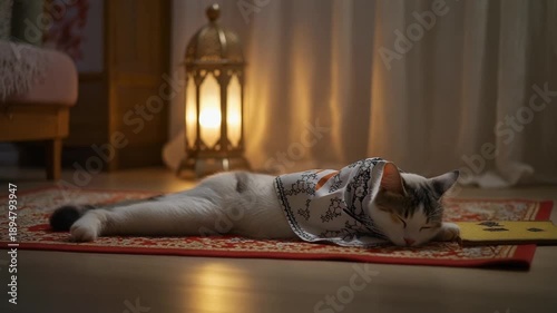 Cat sleeping on rug in warm light