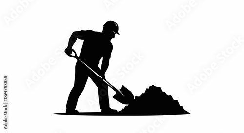 Silhouette of a construction worker digging a pile of dirt with a shovel.