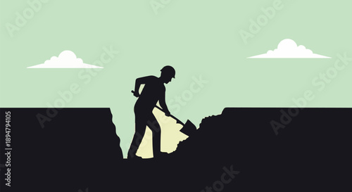 Silhouette of a construction worker digging a trench with a shovel.
