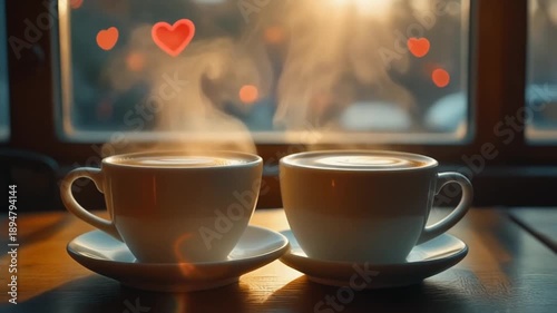Steaming coffee cups close up