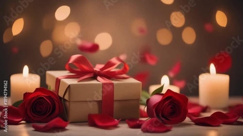 Gift box with red ribbon on table