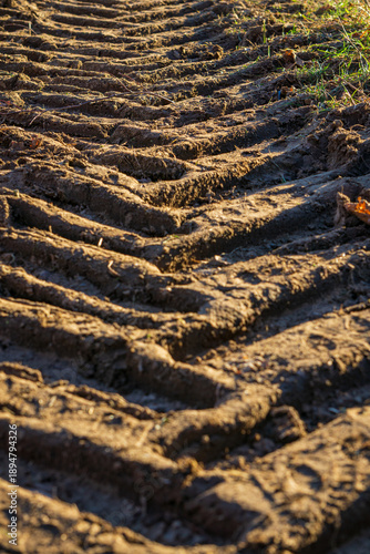 Deep tire ruts forming textured soil pattern