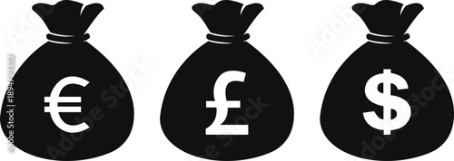 Set of three currency money bags silhouettes representing Euro, British Pound, and US Dollar for global finance and banking concepts