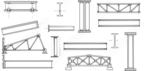 Construction elements and steel beams depicted in an architectural illustration with black outline