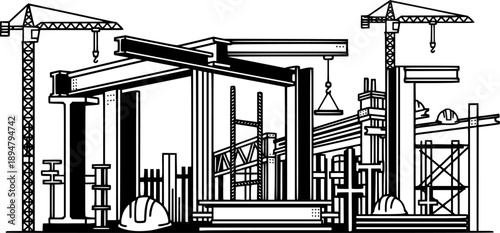 Construction elements and steel beams depicted in an architectural illustration with black outline