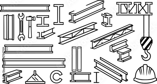 Construction elements and steel beams depicted in an architectural illustration with black outline