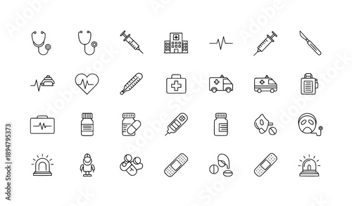 Healthcare vector icons set with medical and hospital symbols isolated on white background