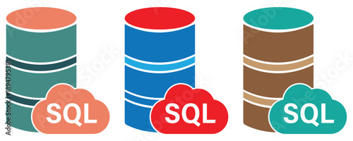 SQL database icons, Structured Query Language database icon, SQL server icon set in trendy flat style illustration isolated on white background.