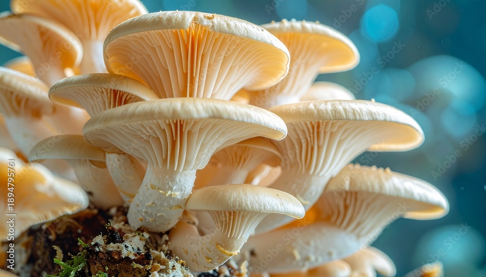 Fototapeta premium Mushrooms grow in clusters on wood in a bright environment with blurred background and clear details of their shape and texture
