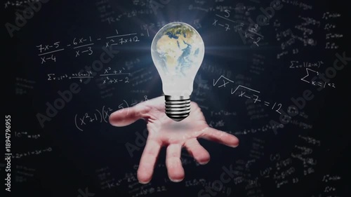 Light bulb featuring Earth globe floating above hand with dark backdrop showing math notations