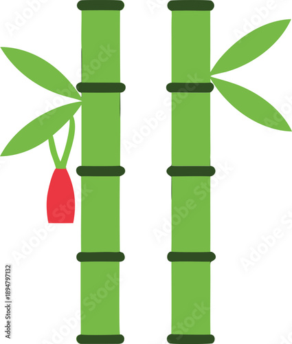 Bamboo plant with red ribbon isolated on transparent background