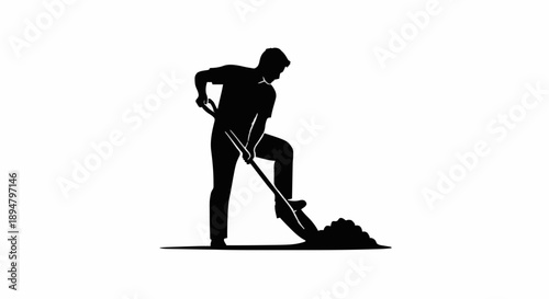 Silhouette of a man digging with a shovel.