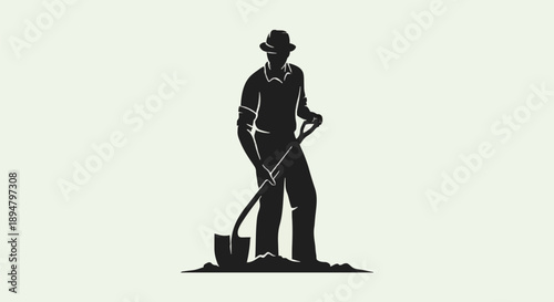 Silhouette of a farmer digging with a shovel.