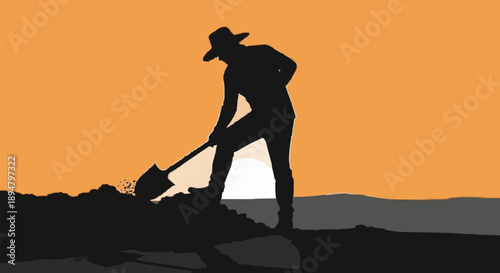 Silhouette of a farmer digging with a shovel at sunset.