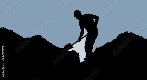 Silhouette of a man digging a hole with a shovel.