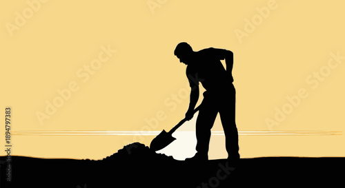 Silhouette of a man digging a hole with a shovel at sunset.