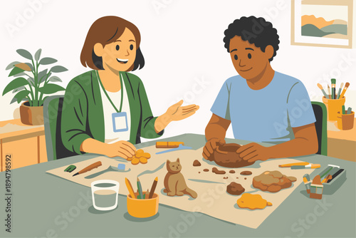 Art Therapist Using Clay Therapy

A flat vector illustration of an art therapist guiding a client shaping clay. Hands-on materials and simple background. Flat vector style, sensory and expressive ther