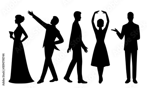 Silhouette collection of elegant people featuring a woman in a formal evening gown, a man in a tuxedo dancing, a graceful ballerina, and professional figures for event and gala designs.
