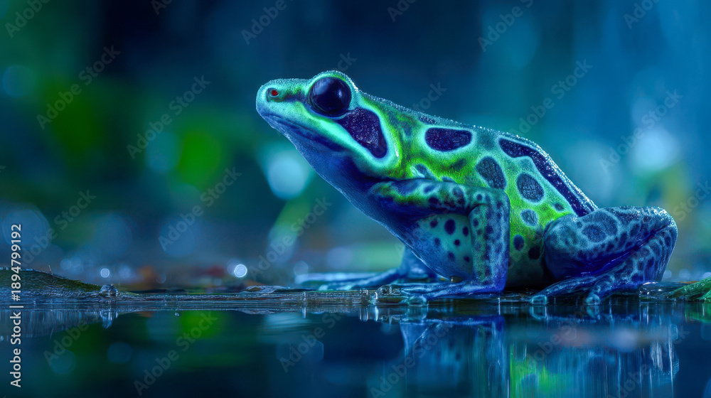 Fototapeta premium Bright blue-green poison dart frog at night near water, exotic tropical amphibian in rainforest habitat