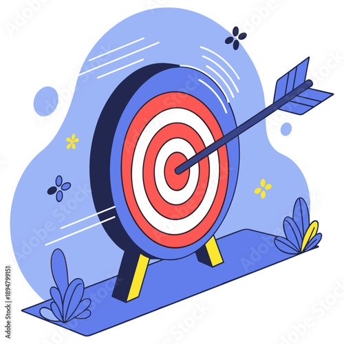 Illustration of arrow hitting bullseye on blue target with floral accents
