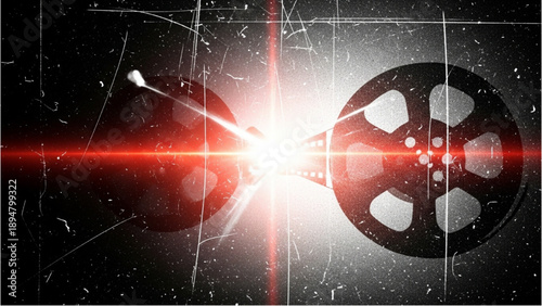 A cinematic film reel glowing with red laser beams in a dark, gridded environment