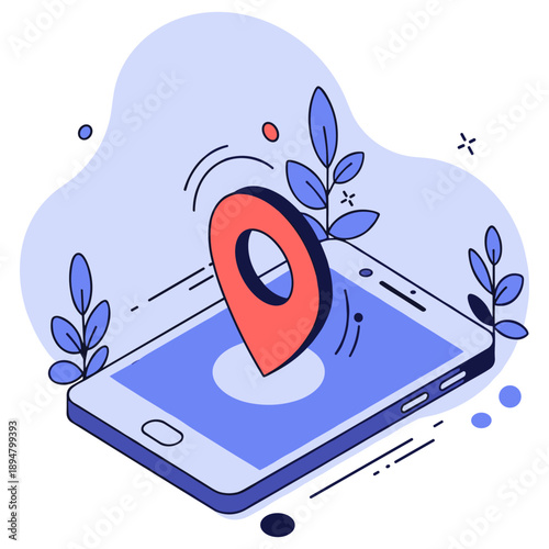 Illustration of smartphone with geolocation pin and botanical elements