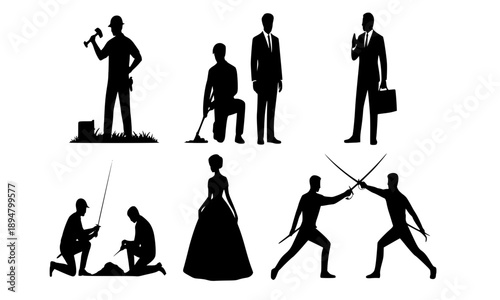 Set of diverse people silhouettes featuring professional businessmen, a construction worker, fencers in a duel, fishermen, and a woman in an elegant ball gown for versatile design projects.