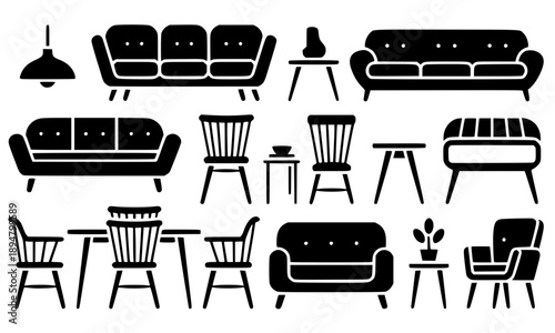  Black silhouettes of furniture collection including sofas chairs tables and lamps creating interior design elements set for home decor illustration on white background
