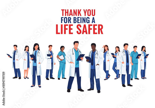 Group of diverse medical professionals thanking life savers
