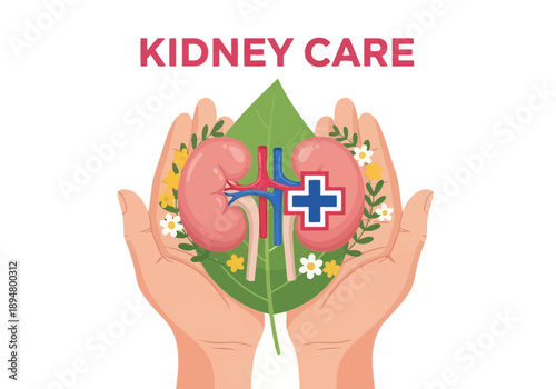 Hands holding kidney care symbol with leaf and cross
