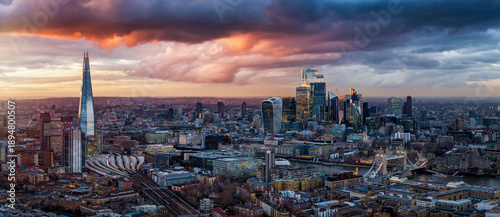 Photography Panoramic sunset view of the cityscape of London, England, stretching from the C
