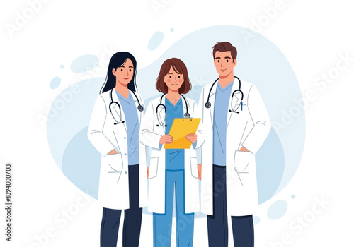 Three medical professionals with stethoscopes and a clipboard